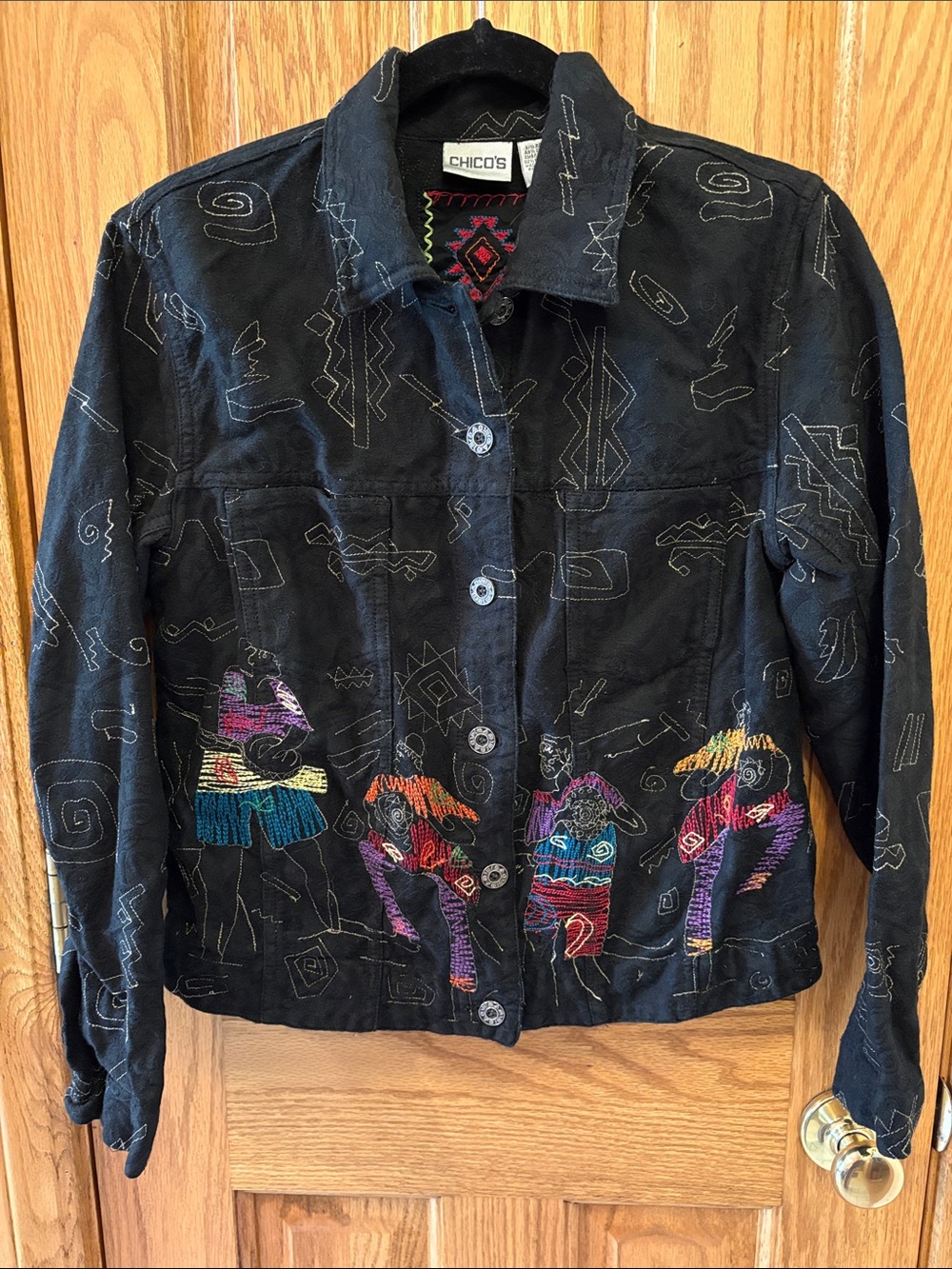 Chico's Black Denim Jacket with Colorful Embroidered Figures
